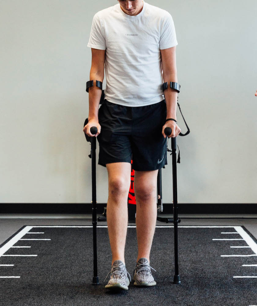 Taking steps with crutches during recovery